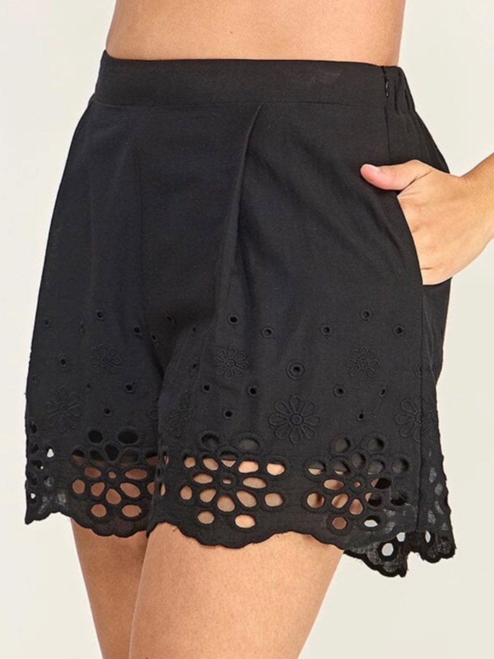 BLACK HIGH WAIST SHORTS WITH FLORAL EYELETS SIZE SMALL - NWT - Picture 4 of 14